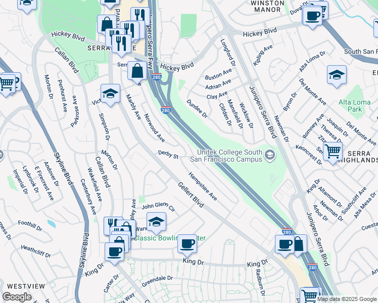 map of restaurants, bars, coffee shops, grocery stores, and more near 286 Barbara Lane in Daly City