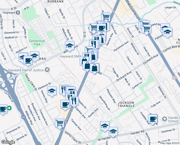map of restaurants, bars, coffee shops, grocery stores, and more near 107 East Jackson Street in Hayward