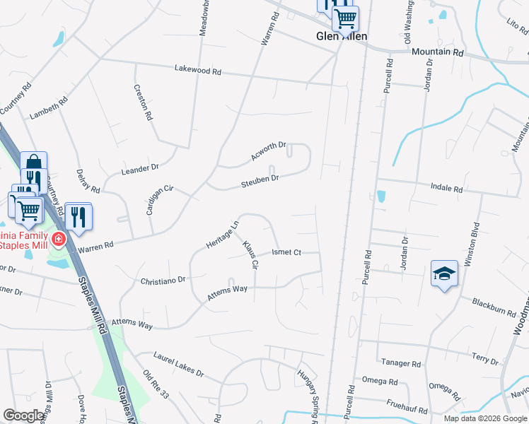 map of restaurants, bars, coffee shops, grocery stores, and more near 10216 Heritage Lane in Glen Allen