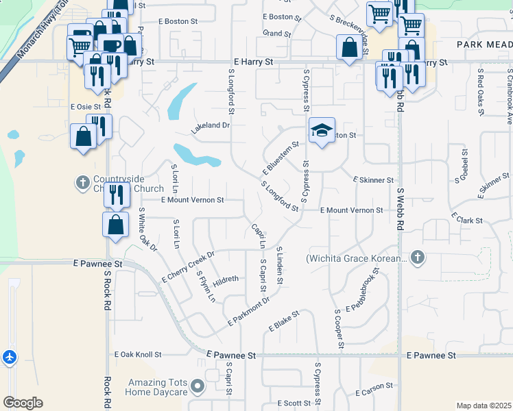 map of restaurants, bars, coffee shops, grocery stores, and more near 2022 South Capri Court in Wichita