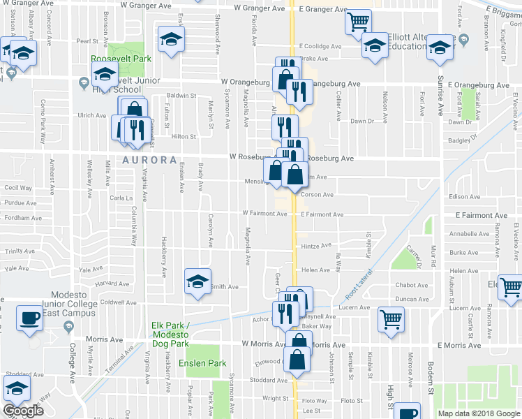 map of restaurants, bars, coffee shops, grocery stores, and more near 1001 Douglas Avenue in Modesto