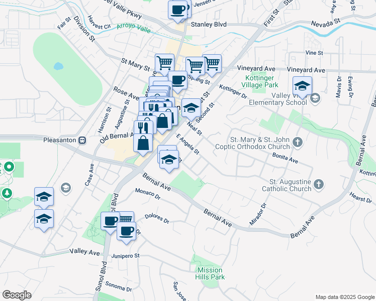 map of restaurants, bars, coffee shops, grocery stores, and more near 4625 Third Street in Pleasanton