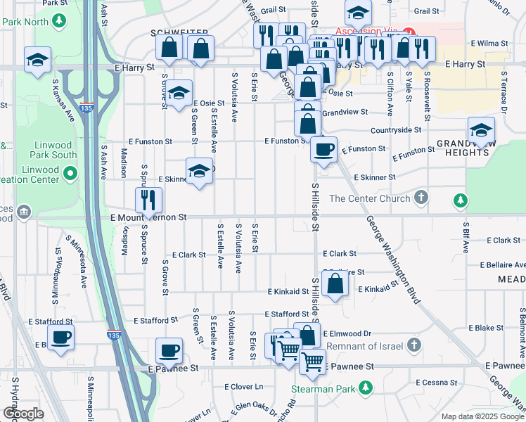 map of restaurants, bars, coffee shops, grocery stores, and more near 2912 East Mount Vernon Street in Wichita