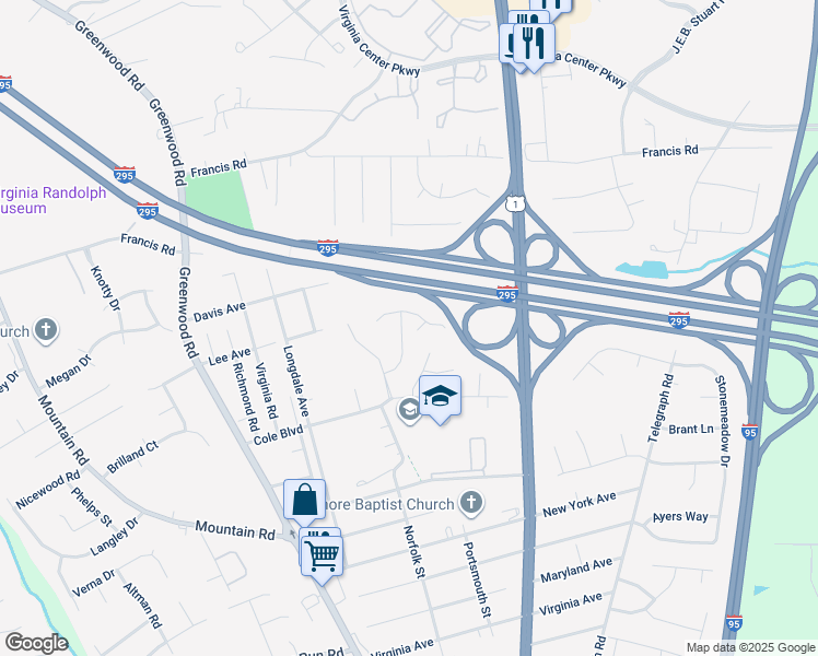 map of restaurants, bars, coffee shops, grocery stores, and more near 1312 Berrymeade Avenue in Glen Allen