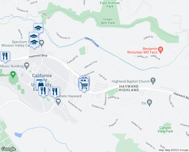 map of restaurants, bars, coffee shops, grocery stores, and more near 2812 Chronicle Avenue in Hayward