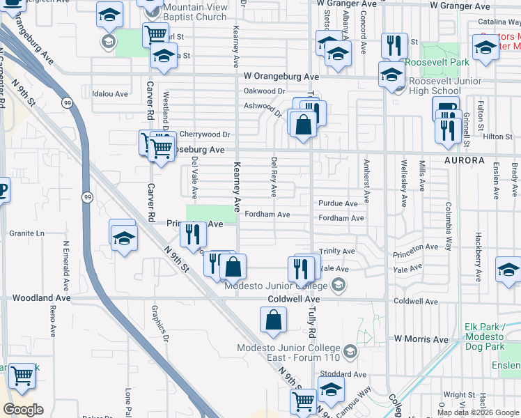 map of restaurants, bars, coffee shops, grocery stores, and more near 1417 Fordham Avenue in Modesto