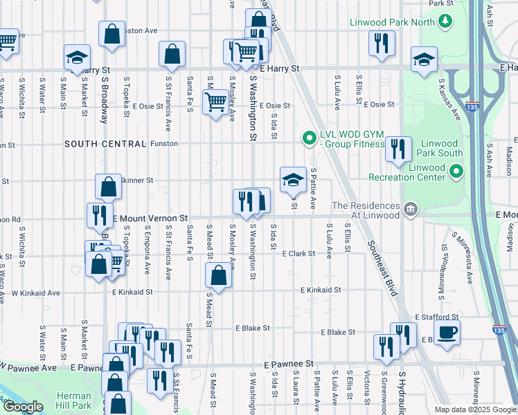 map of restaurants, bars, coffee shops, grocery stores, and more near 1948 S Washington St in Wichita