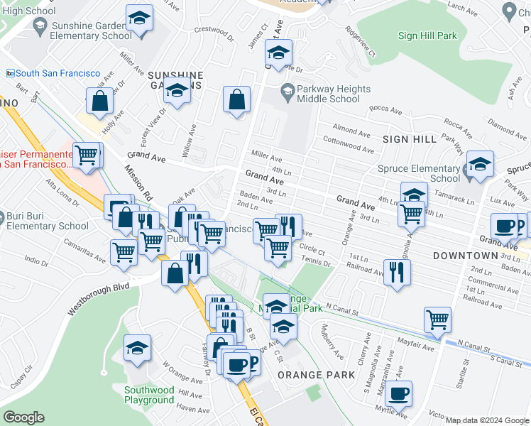 map of restaurants, bars, coffee shops, grocery stores, and more near 831 2nd Lane in South San Francisco