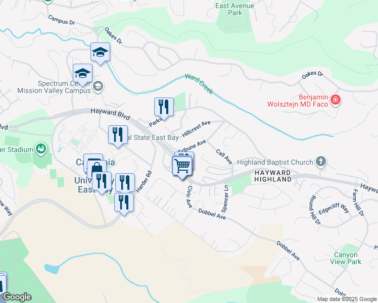 map of restaurants, bars, coffee shops, grocery stores, and more near 2703 Tribune Avenue in Hayward