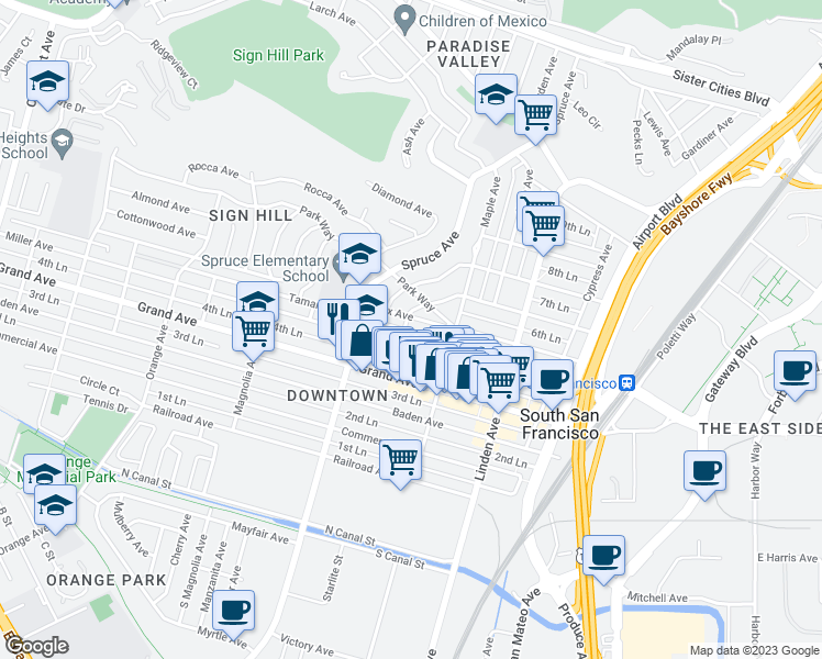 map of restaurants, bars, coffee shops, grocery stores, and more near 412 Walnut Avenue in South San Francisco
