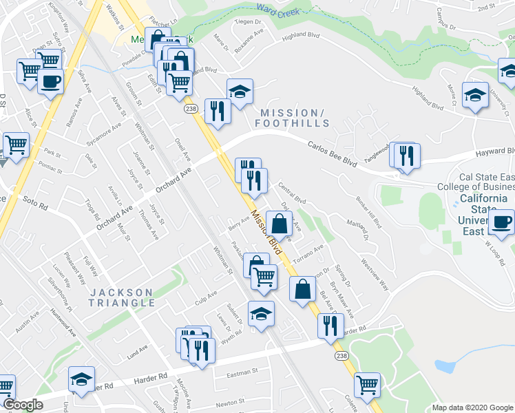 map of restaurants, bars, coffee shops, grocery stores, and more near 25176 Mission Boulevard in Hayward