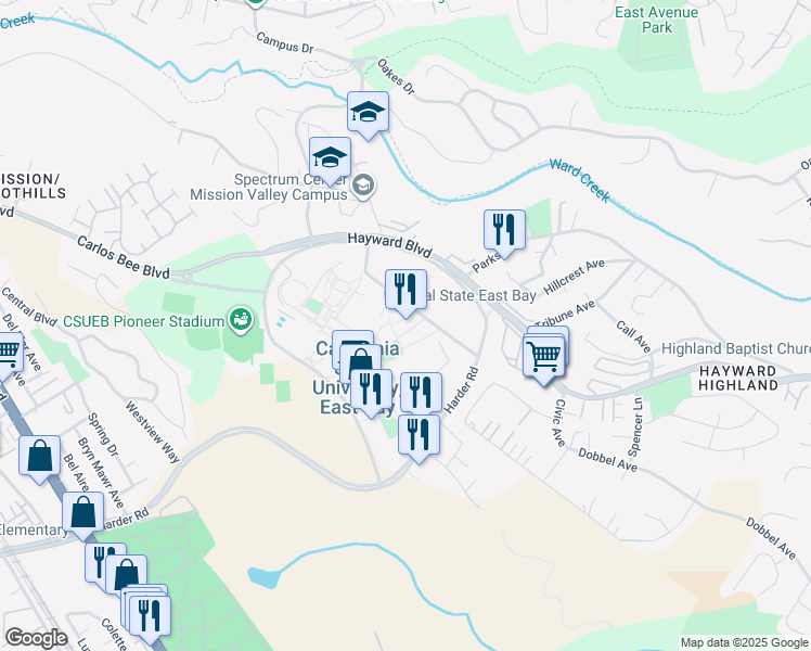 map of restaurants, bars, coffee shops, grocery stores, and more near 25800 Carlos Bee Boulevard in Hayward