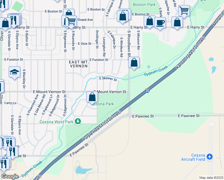 map of restaurants, bars, coffee shops, grocery stores, and more near 1942 Fabrique Street in Wichita