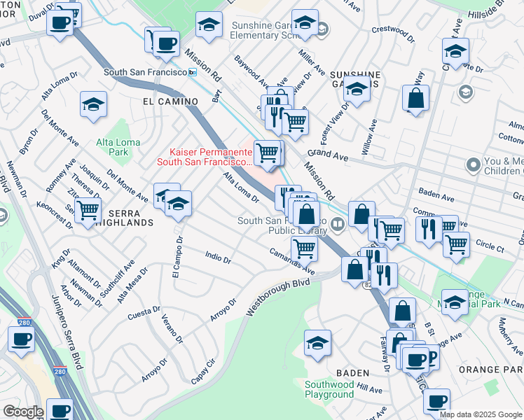 map of restaurants, bars, coffee shops, grocery stores, and more near 205 Alta Loma Drive in South San Francisco