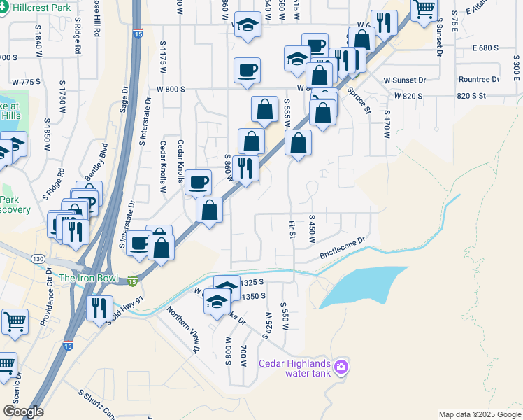 map of restaurants, bars, coffee shops, grocery stores, and more near 640 West Mountain View Drive in Cedar City
