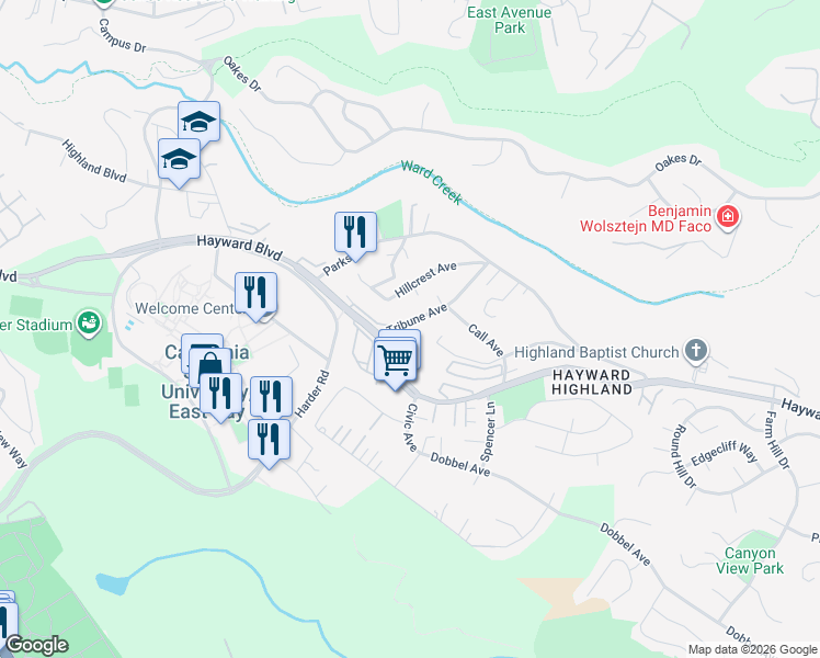 map of restaurants, bars, coffee shops, grocery stores, and more near 2703 Tribune Avenue in Hayward