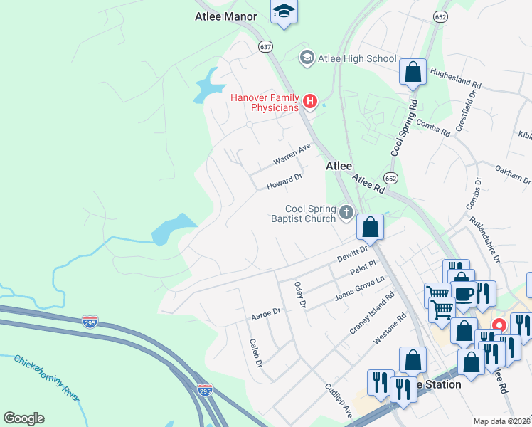 map of restaurants, bars, coffee shops, grocery stores, and more near 9128 Mills Lane in Mechanicsville