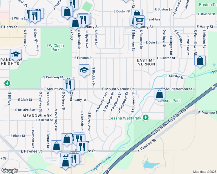 map of restaurants, bars, coffee shops, grocery stores, and more near 1956 South Pinecrest Street in Wichita