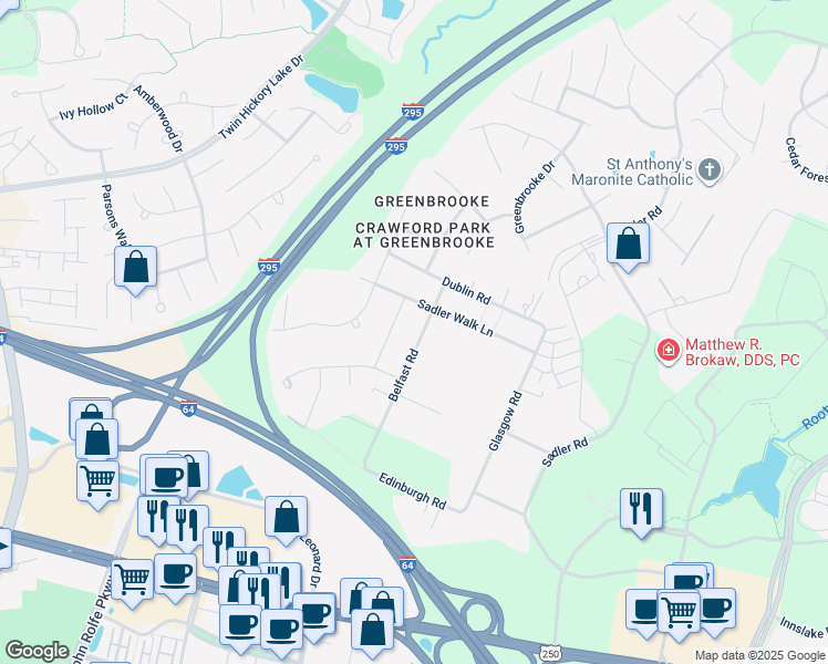 map of restaurants, bars, coffee shops, grocery stores, and more near 4317 Faddenstone Drive in Glen Allen