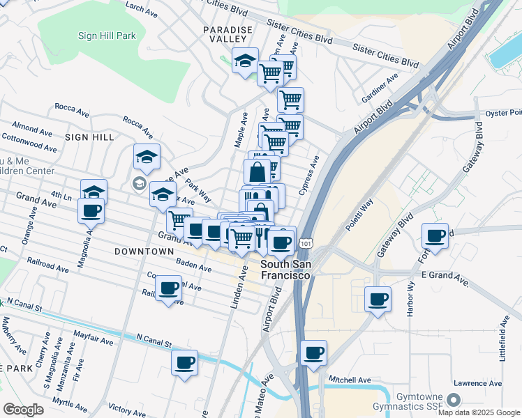 map of restaurants, bars, coffee shops, grocery stores, and more near Linden Avenue in South San Francisco