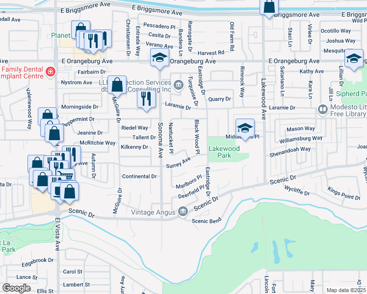 map of restaurants, bars, coffee shops, grocery stores, and more near 2621 Fairhaven Place in Modesto