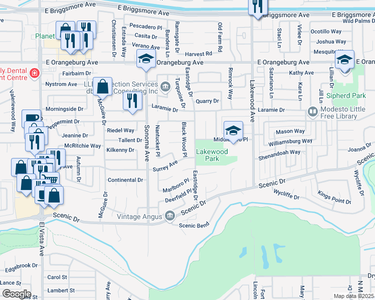 map of restaurants, bars, coffee shops, grocery stores, and more near 1004 Black Wood Place in Modesto
