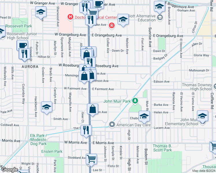 map of restaurants, bars, coffee shops, grocery stores, and more near 129 West Fairmont Avenue in Modesto