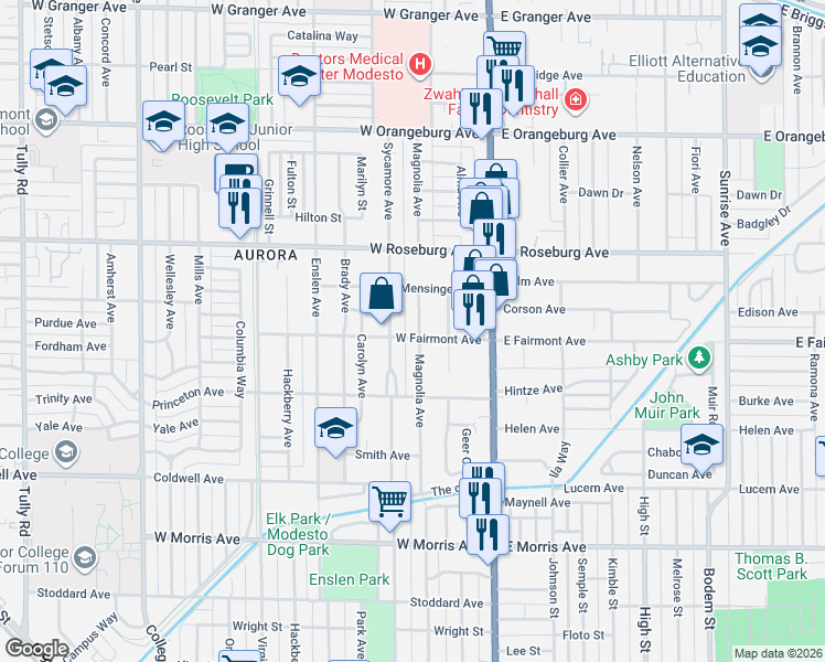 map of restaurants, bars, coffee shops, grocery stores, and more near 1002 Sycamore Avenue in Modesto