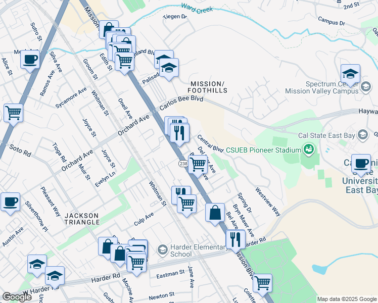 map of restaurants, bars, coffee shops, grocery stores, and more near 25176 Mission Boulevard in Hayward