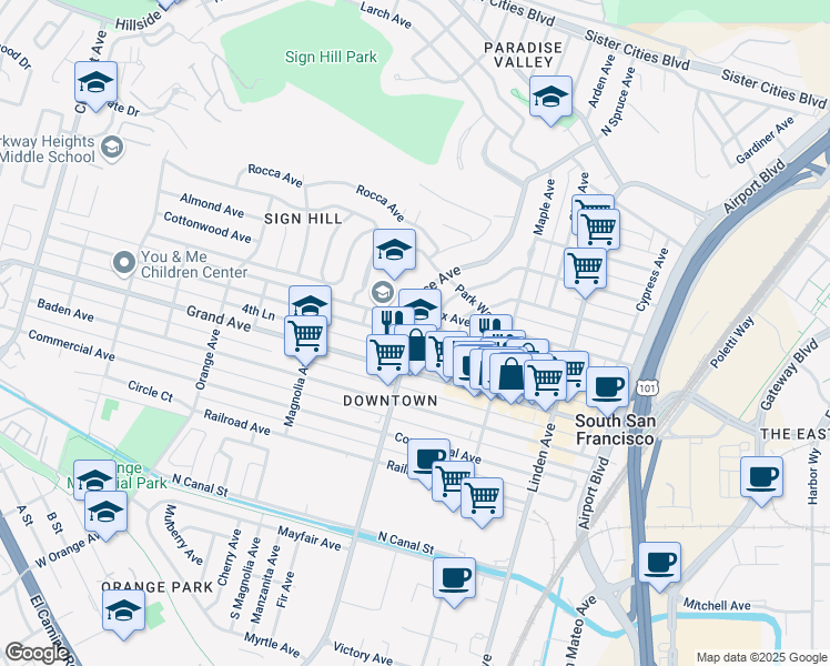 map of restaurants, bars, coffee shops, grocery stores, and more near 464 Miller Avenue in South San Francisco