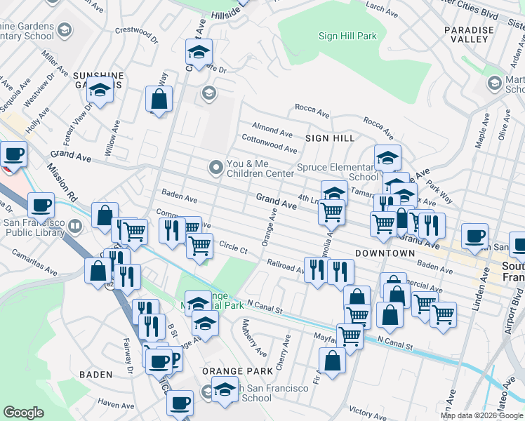 map of restaurants, bars, coffee shops, grocery stores, and more near 715 3rd Lane in South San Francisco