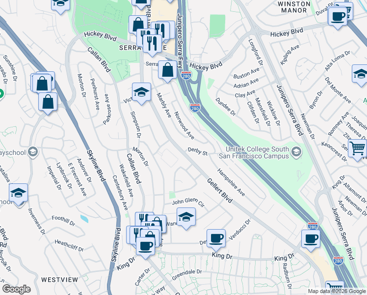map of restaurants, bars, coffee shops, grocery stores, and more near 634 Gellert Boulevard in Daly City