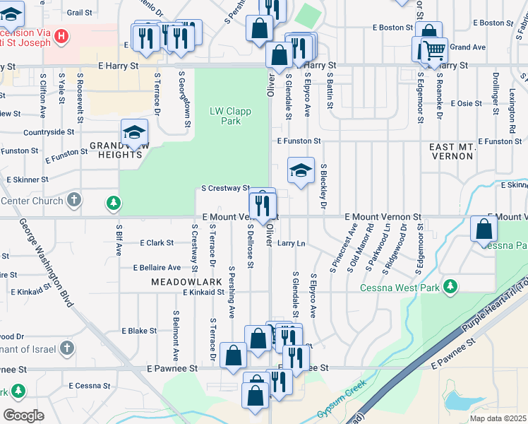 map of restaurants, bars, coffee shops, grocery stores, and more near 4710 East Mount Vernon Street in Wichita
