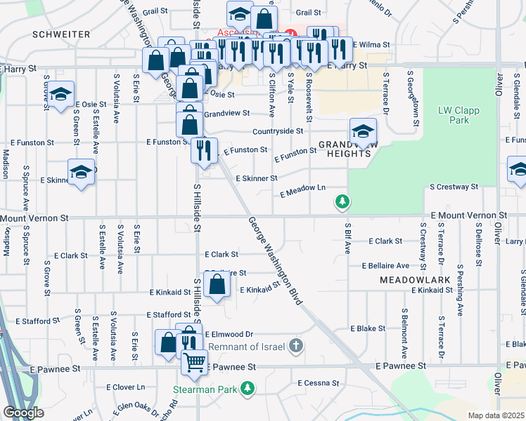 map of restaurants, bars, coffee shops, grocery stores, and more near 3504 East Mount Vernon Street in Wichita
