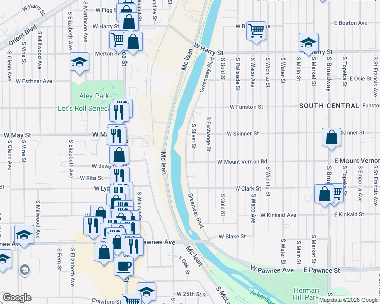 map of restaurants, bars, coffee shops, grocery stores, and more near 1951 South Silver Street in Wichita