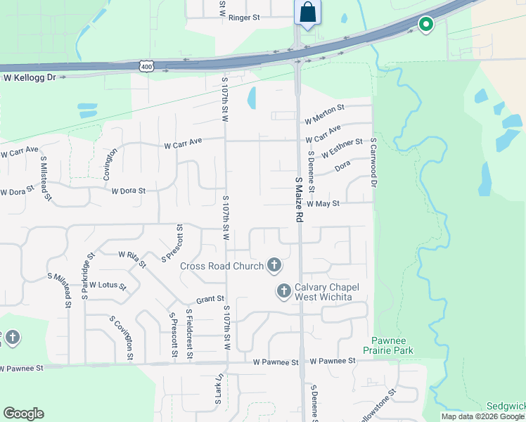 map of restaurants, bars, coffee shops, grocery stores, and more near 10517 West May Street in Wichita