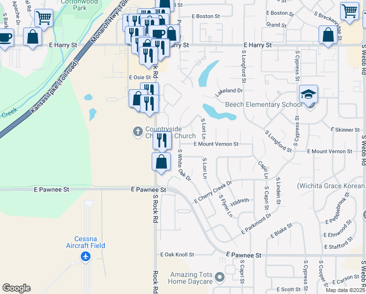 map of restaurants, bars, coffee shops, grocery stores, and more near 8205 East Mount Vernon Street in Wichita
