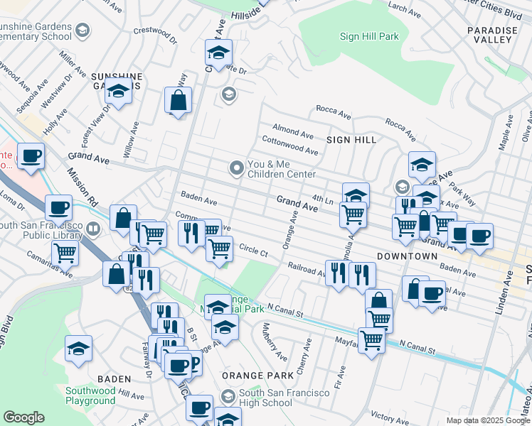 map of restaurants, bars, coffee shops, grocery stores, and more near 738 Baden Avenue in South San Francisco