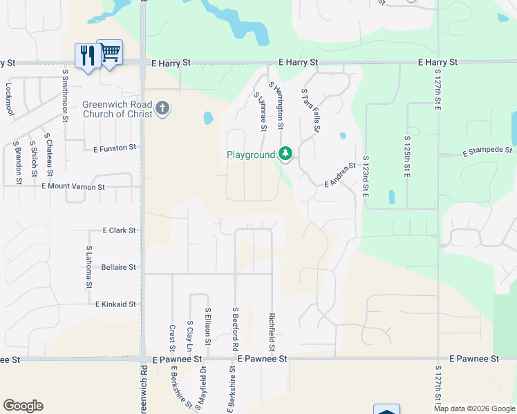 map of restaurants, bars, coffee shops, grocery stores, and more near 11850 E Clark St in Wichita