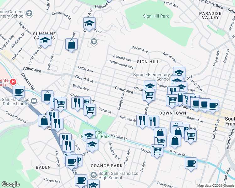map of restaurants, bars, coffee shops, grocery stores, and more near 715 3rd Lane in South San Francisco