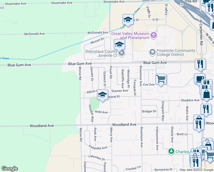 map of restaurants, bars, coffee shops, grocery stores, and more near 2505 Baylor Way in Modesto