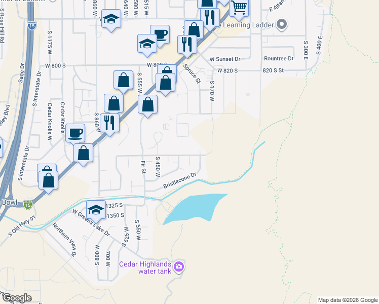 map of restaurants, bars, coffee shops, grocery stores, and more near 342 South Mountain View Drive in Cedar City
