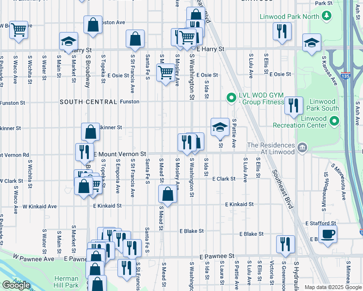 map of restaurants, bars, coffee shops, grocery stores, and more near 1944 South Mosley Street in Wichita