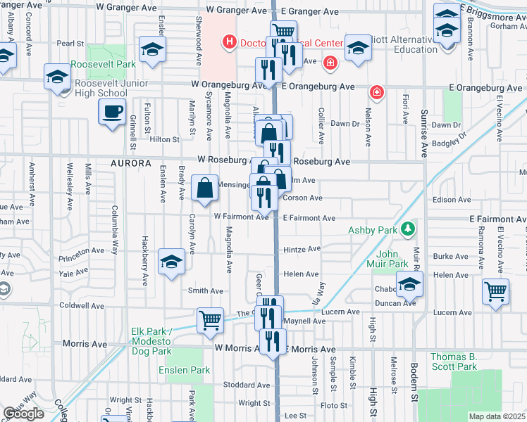 map of restaurants, bars, coffee shops, grocery stores, and more near 1009 McHenry Avenue in Modesto