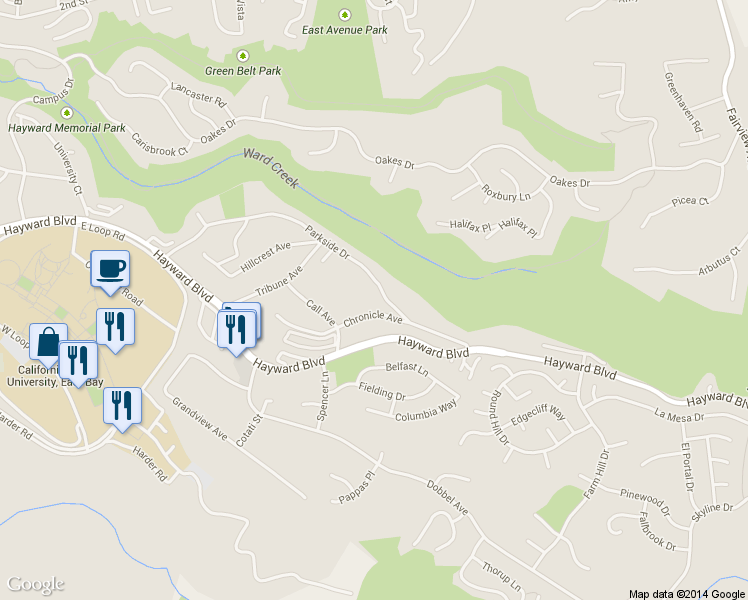 map of restaurants, bars, coffee shops, grocery stores, and more near 26967 Parkside Dr in Hayward