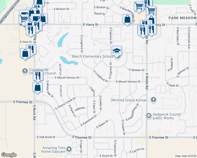 map of restaurants, bars, coffee shops, grocery stores, and more near 2022 S Capri Ct in Wichita