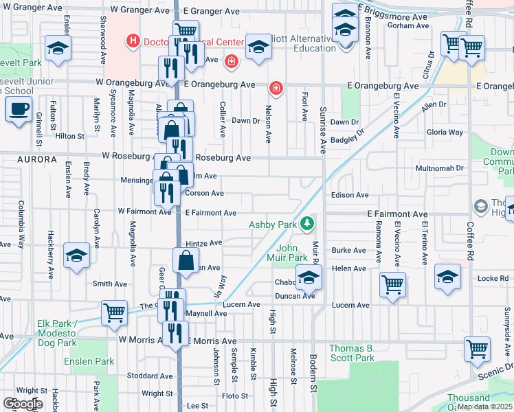 map of restaurants, bars, coffee shops, grocery stores, and more near 1012 Kimble Street in Modesto