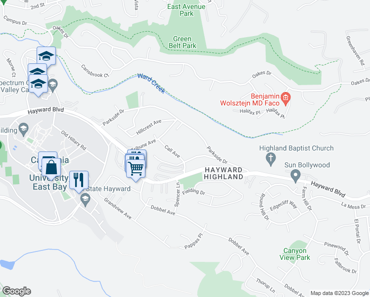 map of restaurants, bars, coffee shops, grocery stores, and more near 26970 Call Avenue in Hayward