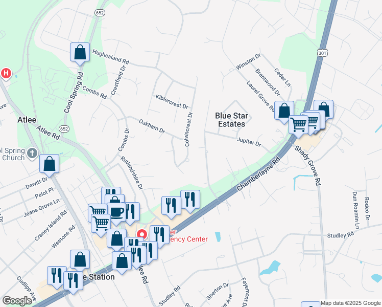 map of restaurants, bars, coffee shops, grocery stores, and more near 9330 Colvincrest Drive in Mechanicsville