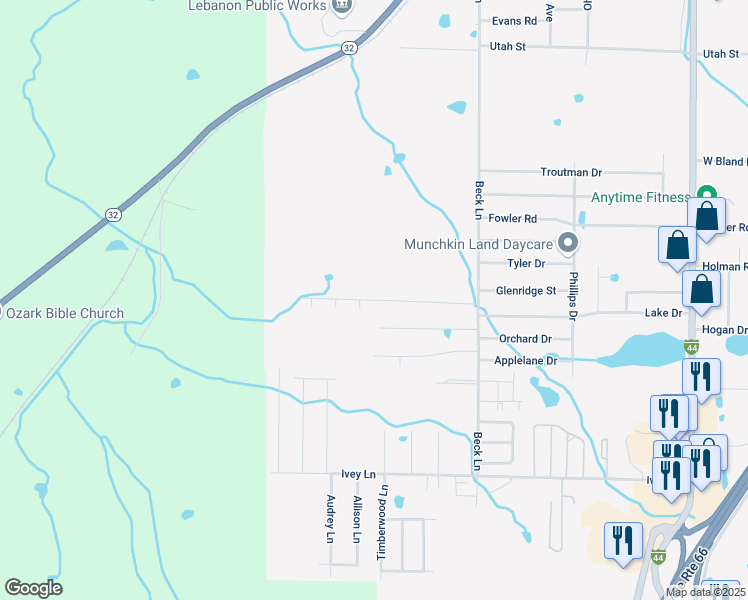 map of restaurants, bars, coffee shops, grocery stores, and more near 1432 Nathaniel Drive in Lebanon